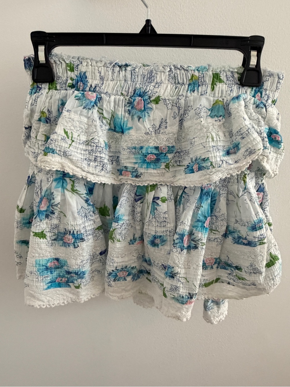 LoveShackFancy White Floral Tiered Mini Skirt with Blue and Pink Accents Petite